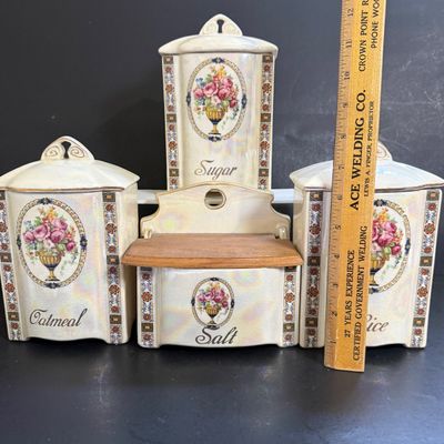 LOT 193: Collection of Czechoslovakian Lusterware Canisters and Salt Box