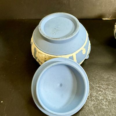 LOT 48: Wedgwood Blue Jasperware Creamer, Sugar Bowl, Trinket Box and Candle Holder