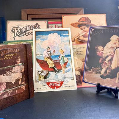 LOT 130: Vintage Advertisement Replicas on Tin and Wood