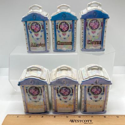 LOT 108: Six Vintage Mepoco Ware Made in Germany Lustreware Canisters / Spice Jars