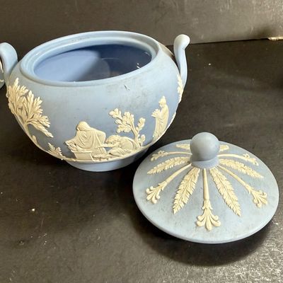 LOT 48: Wedgwood Blue Jasperware Creamer, Sugar Bowl, Trinket Box and Candle Holder