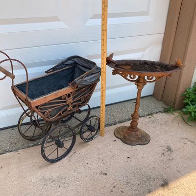 LOT 91: Vintage Garden Decor - Metal / Iron Hummingbird Feeder / Bath with Baby Coach