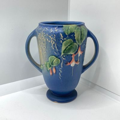 LOT 72: Classic Vintage Art Vases - Hull USA Magnolia 9 - 10 1/2 and Roseville Fuchsia Pattern in Blue