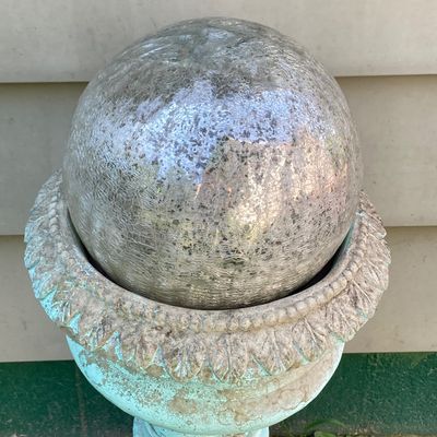 LOT 86: Outdoor / Garden Decor - Pedestal Planter / Glass Ball, Distressed Pedestal, Planter and More