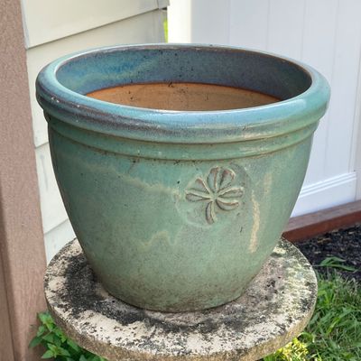 LOT 74: Concrete / Ceramic Outdoor Decor - Two Piece Pedestal / Base, Planter, Cherub and Gazing Young Boy Statues