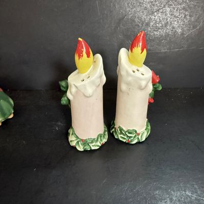 LOT 114: Vintage Lefton Christmas Candle Salt and Pepper Shakers, Napco Musical Angel Shakers and Cast Lead Santa