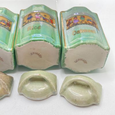 LOT 106: Sweet Vintage Collection of Lustreware Ceramic Germany Miniature Vinegar / Oil and Spice Jars