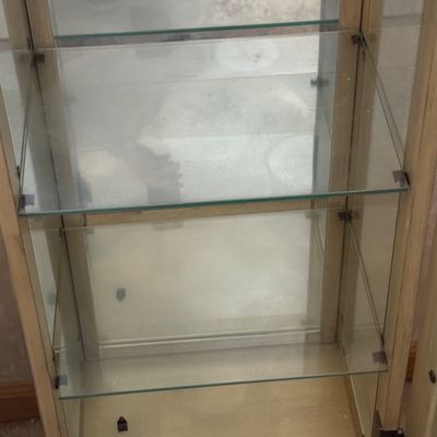 LOT 35: Hand Painted Display Wood Shelf with Mirrored Back and Glass Shelves