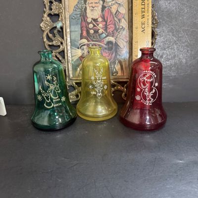 LOT 115: Vintage Wheaton Glass Christmas Bell Bottles and Framed Vintage Christmas Card