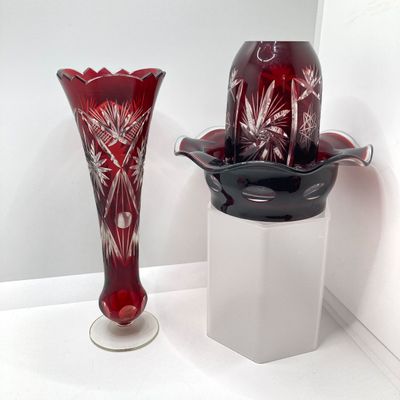 LOT 101: Beautiful Collection of Ruby / Red Cut to Clear Glass Fairy Light and Vase with Six Indiana Glass Lexington Ruby Stained Footed Cup