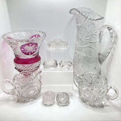 LOT 105: Crystal / Cut Glass - Ruby / Clear Vase, Salt Cellars, Creamer / Sugar Bowls and Large Pitcher