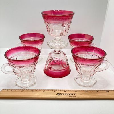 LOT 101: Beautiful Collection of Ruby / Red Cut to Clear Glass Fairy Light and Vase with Six Indiana Glass Lexington Ruby Stained Footed Cup