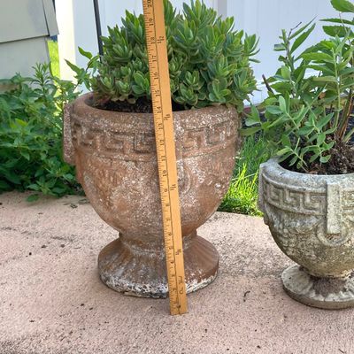 LOT 75: Pair of Greek Key Style Concrete Planters with Plants and Floral Spinner