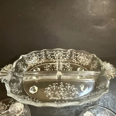 LOT 135: Etched Glass Serving Dish and Candle Holders, Victorian Bust Shakers, Metal Tray, Salt Dishes and More