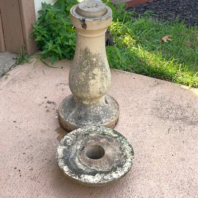 LOT 74: Concrete / Ceramic Outdoor Decor - Two Piece Pedestal / Base, Planter, Cherub and Gazing Young Boy Statues