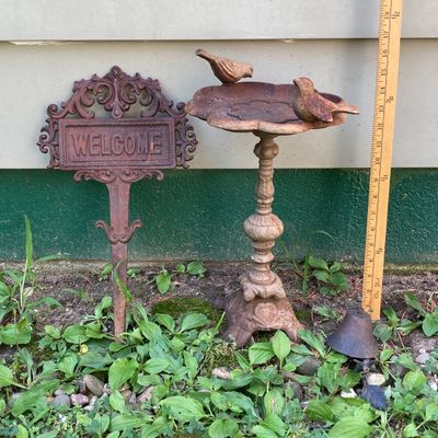 LOT 87: Cast Iron / Metal Garden Decor - Welcome Stake, Bird Feeder and Bell