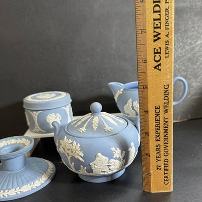 LOT 48: Wedgwood Blue Jasperware Creamer, Sugar Bowl, Trinket Box and Candle Holder