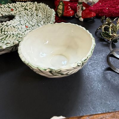 LOT 200: Framed Vintage Winter Scene, Holiday Serving Bowl and Tray, Shakers and More