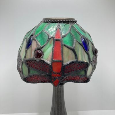 LOT 71: Stained Glass Tea Light Lamp / Light, I Godinger & Co Lidded Bowl with Cast Iron Grasshopper