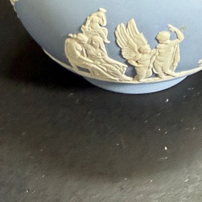 LOT 48: Wedgwood Blue Jasperware Creamer, Sugar Bowl, Trinket Box and Candle Holder
