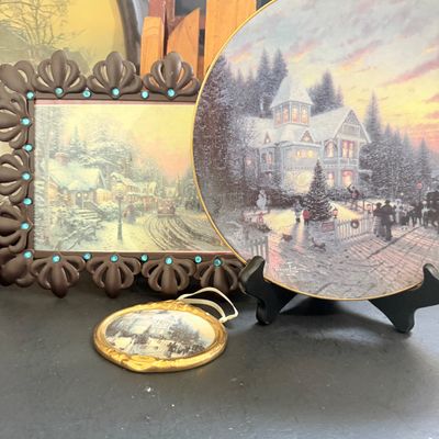 LOT 129: Victorian Christmas Sleigh Ride Decor Including Miniature Wood Sled, Pictures, Plates, Snow-globe and More