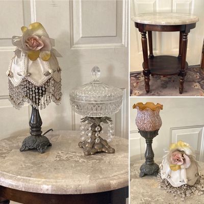 LOT 66: Wood Accent Table with Faux Marble Top, Cut Glass Pedestal Lidded Candy Dish and Decorative Lamp