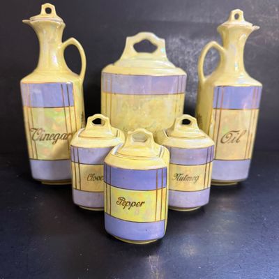 LOT 190: Vintage Czechoslovakian Lusterware Canister, Spice Jars and Decanters