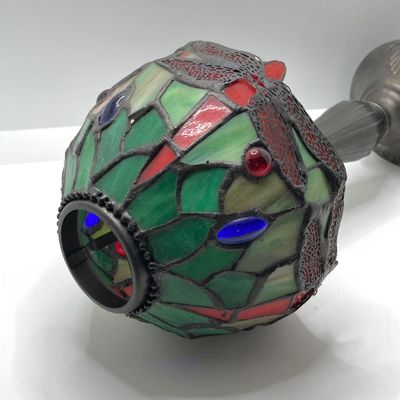 LOT 71: Stained Glass Tea Light Lamp / Light, I Godinger & Co Lidded Bowl with Cast Iron Grasshopper