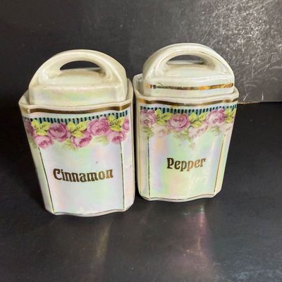 LOT 45: Vintage German Ceramic Lusterware Canisters, Spice Jars and Salt Box