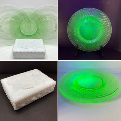 LOT 100: Three Uranium Glass Plates with Westmoreland Rectangular Milk Glass Lidded Box
