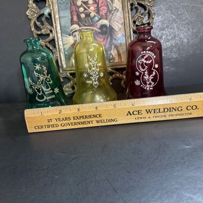 LOT 115: Vintage Wheaton Glass Christmas Bell Bottles and Framed Vintage Christmas Card