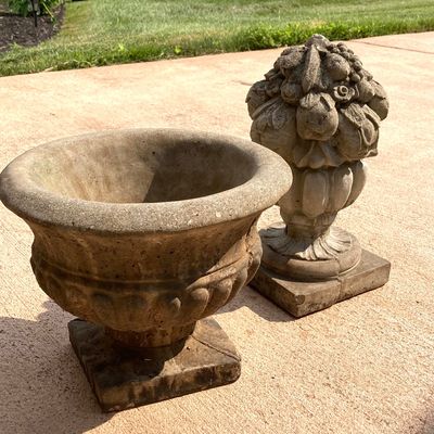LOT 78: Concrete Garden Decor - Planter and Floral Statue