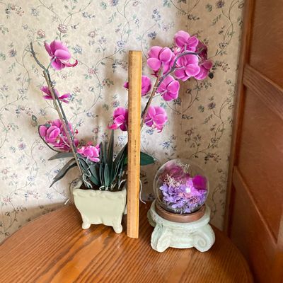 LOT 95: Home Decor - Faux Orchid Plant, Cloches, Hanging Plant Holders, Flower Frog and More
