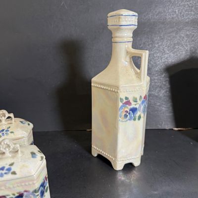 LOT 46: Vintage Cornet Czechoslovakian Ceramic Lusterware Canister, Spice Jars and Vinegar Decanter