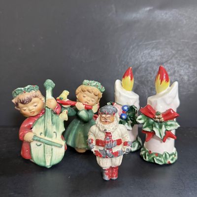 LOT 114: Vintage Lefton Christmas Candle Salt and Pepper Shakers, Napco Musical Angel Shakers and Cast Lead Santa