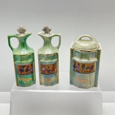LOT 106: Sweet Vintage Collection of Lustreware Ceramic Germany Miniature Vinegar / Oil and Spice Jars