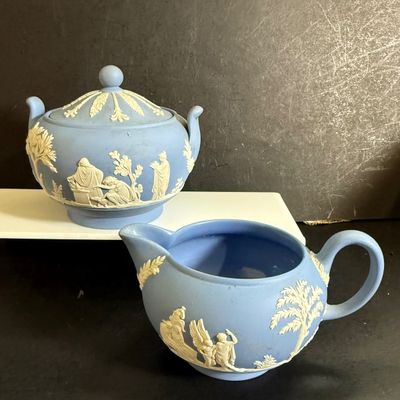 LOT 48: Wedgwood Blue Jasperware Creamer, Sugar Bowl, Trinket Box and Candle Holder