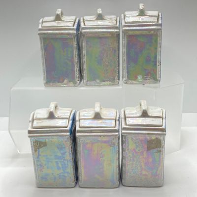 LOT 108: Six Vintage Mepoco Ware Made in Germany Lustreware Canisters / Spice Jars