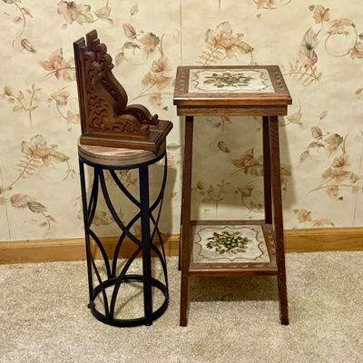 LOT 34: Square Italian Tile and Wood Stand/Table, Metal and Wood Top Stand and More