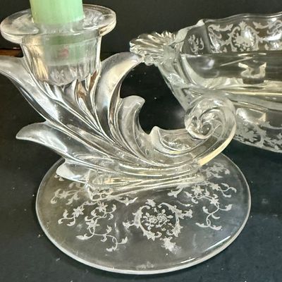 LOT 135: Etched Glass Serving Dish and Candle Holders, Victorian Bust Shakers, Metal Tray, Salt Dishes and More