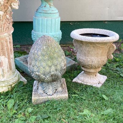 LOT 86: Outdoor / Garden Decor - Pedestal Planter / Glass Ball, Distressed Pedestal, Planter and More