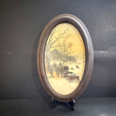 LOT 129: Victorian Christmas Sleigh Ride Decor Including Miniature Wood Sled, Pictures, Plates, Snow-globe and More
