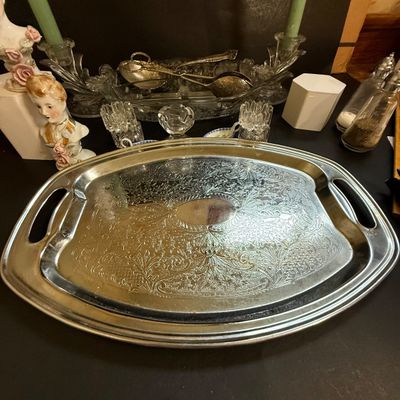 LOT 135: Etched Glass Serving Dish and Candle Holders, Victorian Bust Shakers, Metal Tray, Salt Dishes and More