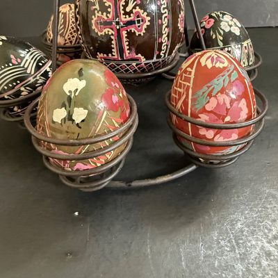 LOT 49: Ukrainian Style Fork Art Wood Eggs, Plate and Scarf and Signed Wooden Bowl