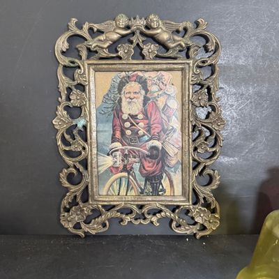 LOT 115: Vintage Wheaton Glass Christmas Bell Bottles and Framed Vintage Christmas Card