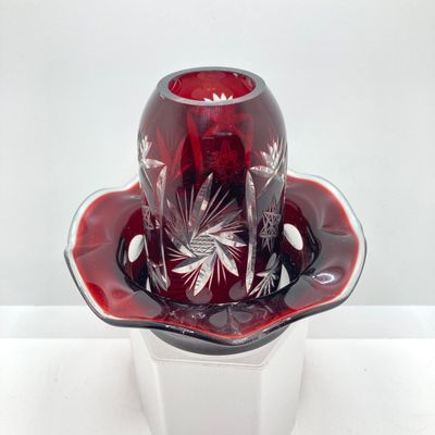 LOT 101: Beautiful Collection of Ruby / Red Cut to Clear Glass Fairy Light and Vase with Six Indiana Glass Lexington Ruby Stained Footed Cup