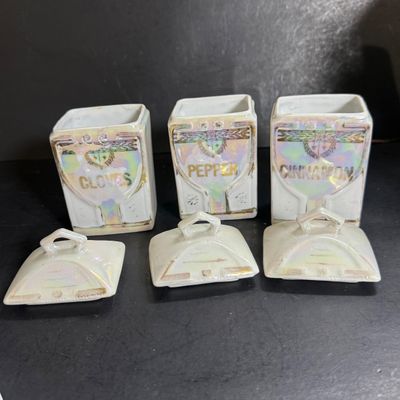 LOT 43: Vintage German Lusterware Spice Jars and Czechoslovakian Oil & Vinegar Decanters