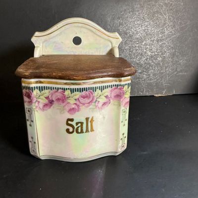 LOT 45: Vintage German Ceramic Lusterware Canisters, Spice Jars and Salt Box