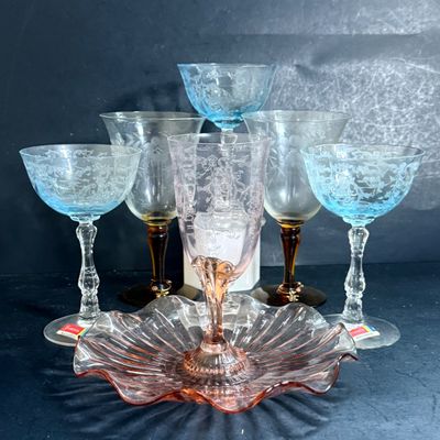 LOT 127: Fostoria Navarre Blue Stemmed Glasses and an Assortment of Other Color Glasses and More