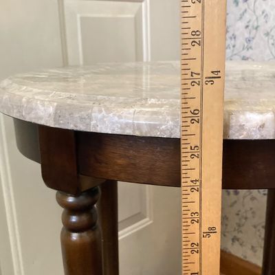 LOT 66: Wood Accent Table with Faux Marble Top, Cut Glass Pedestal Lidded Candy Dish and Decorative Lamp